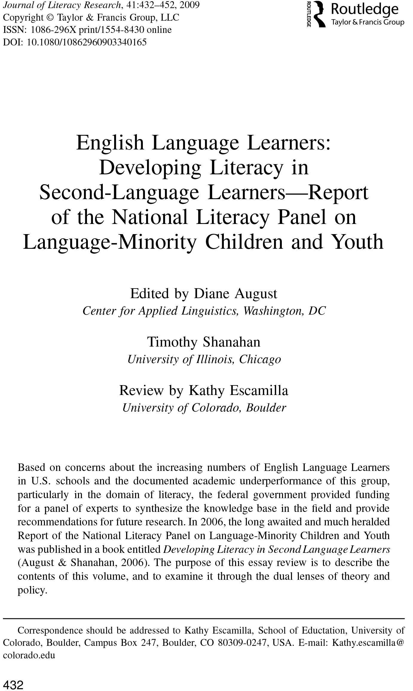 English Language Learners: Developing Literacy in Second-Language Learners&mdash;Report of the National Literacy Panel on Language-Minority Children and Youth