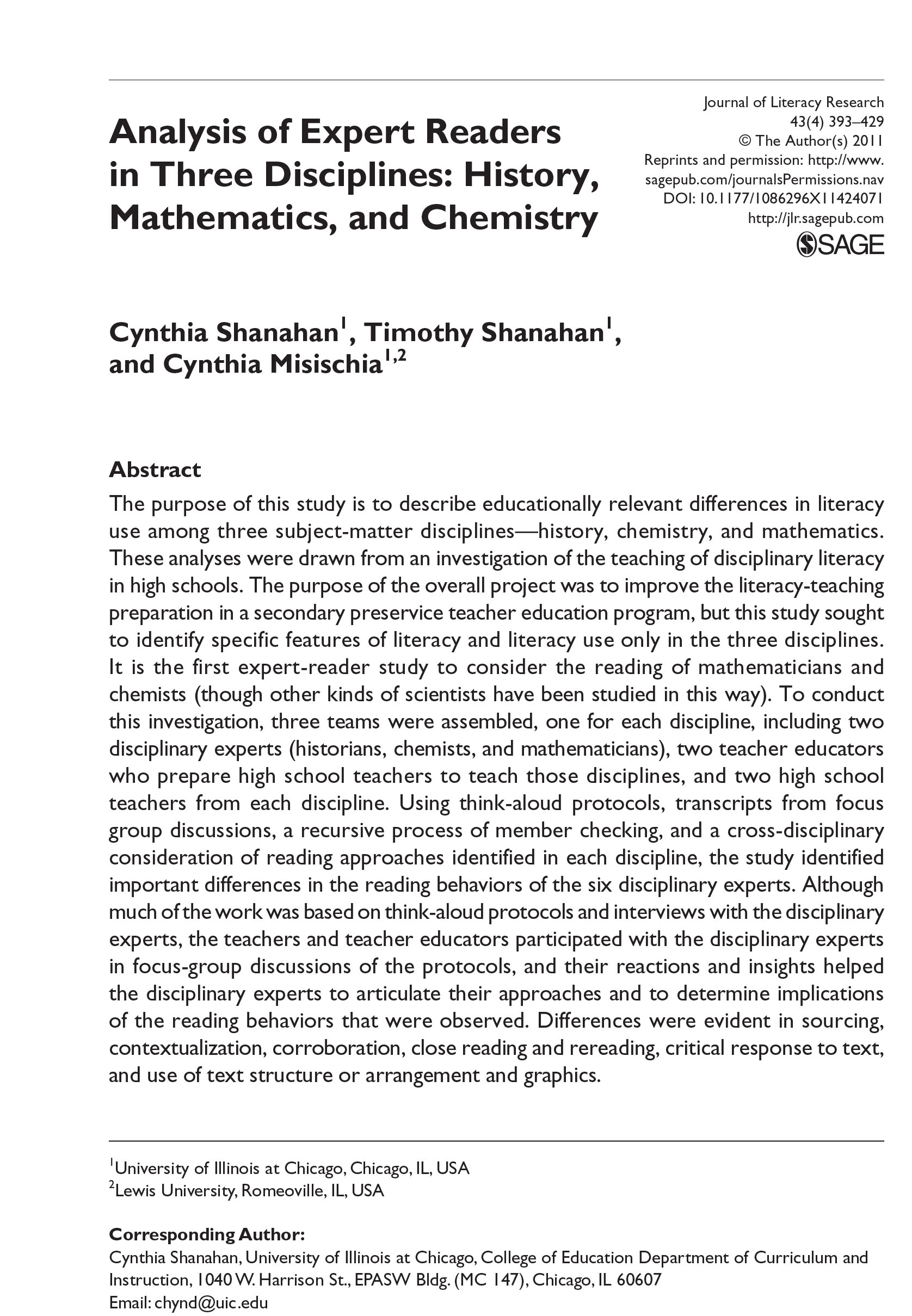 Analysis of Expert Readers in Three Disciplines: History, mathematics, and chemistry